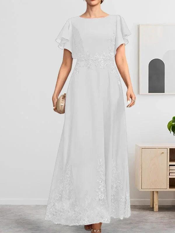 A-line Scoop Ankle-Length Lace Chiffon Mother of the Bride Dress With Sequins by Dreamylily