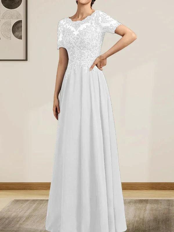 A-line Scoop Illusion Floor-Length Chiffon Lace Mother of the Bride Dress With Sequins Beading by Dreamylily