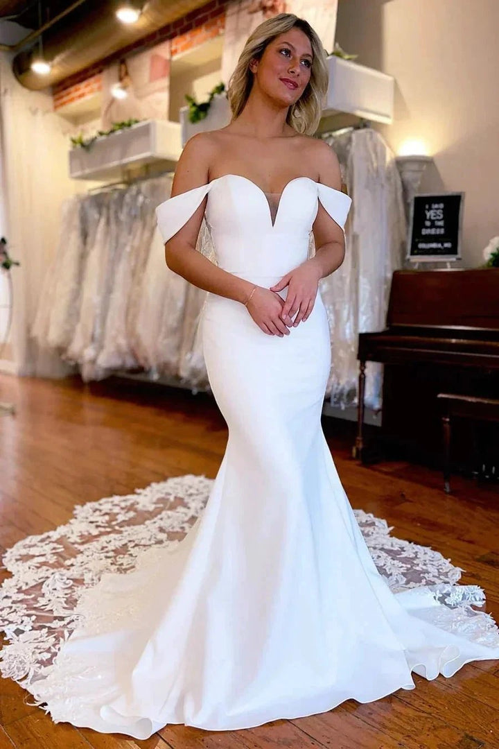 White Lace-Trimmed Off The Shoulder Mermaid Long Wedding Dress WD635 by pgmdress