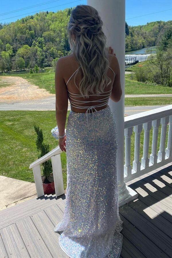 White Sequins Long Prom Dresses Backless Mermaid Formal Dress PSK357 by pgmdress