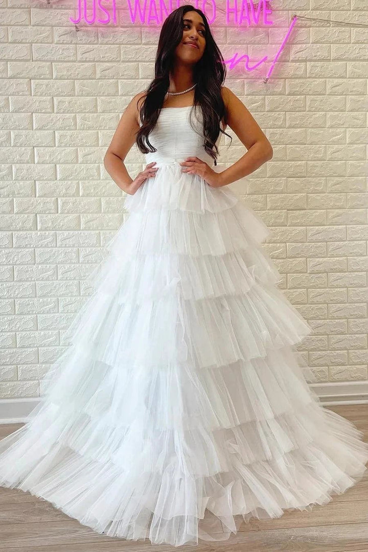 White Strapless Tiered A-Line Long Prom Dress with Ruffles PSK410 by pgmdress