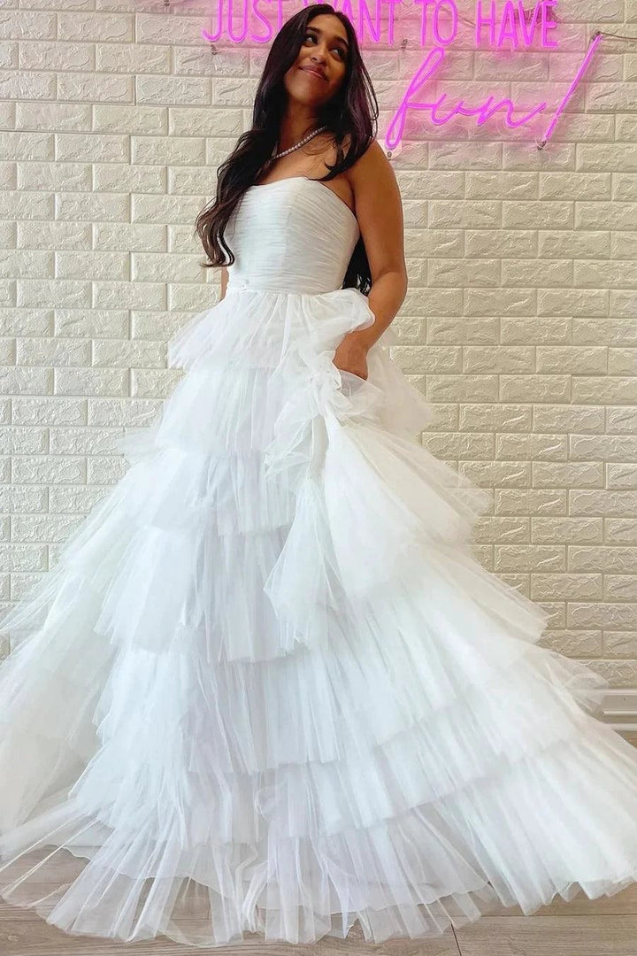 White Strapless Tiered A-Line Long Prom Dress with Ruffles PSK410 by pgmdress