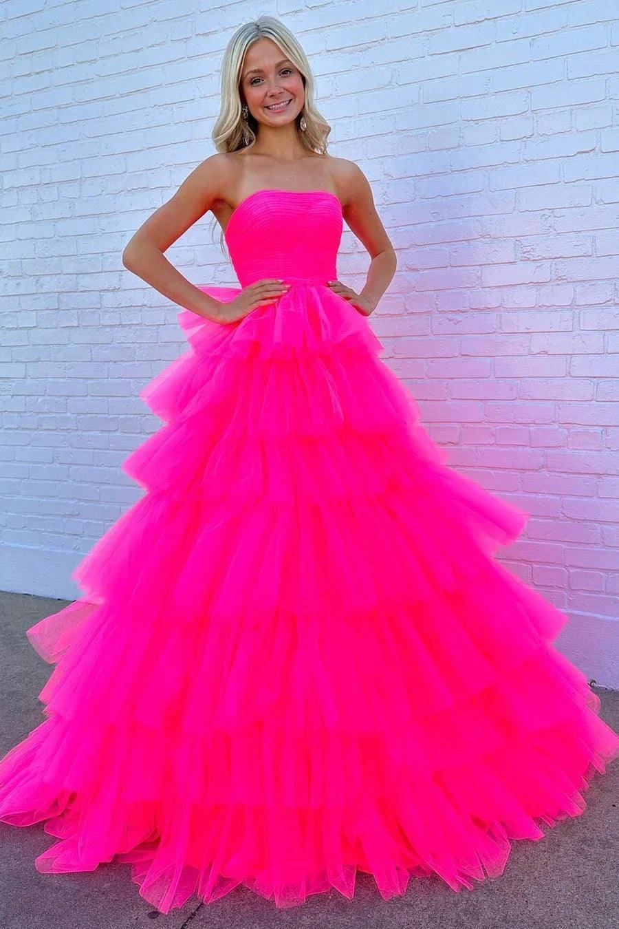 White Strapless Tiered A-Line Long Prom Dress with Ruffles PSK410 by pgmdress