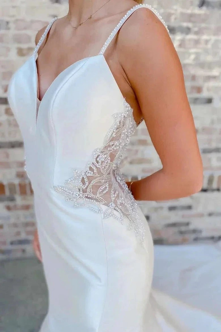 White V-Neck Beading Trumpet Long Wedding Dress Bridal Gown WD661 by pgmdress