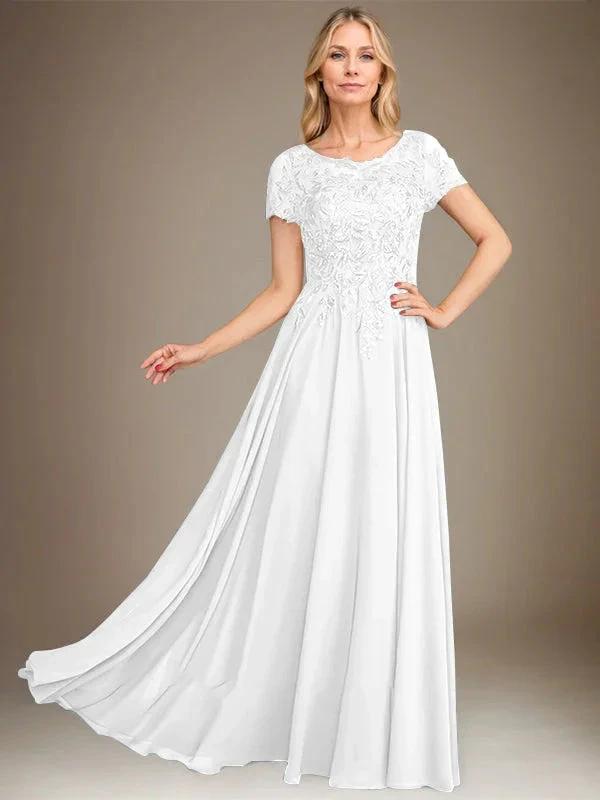 A-Line Scoop Floor-Length Chiffon Mother of the Bride Dress With Applique &amp; Sequins by Dreamylily