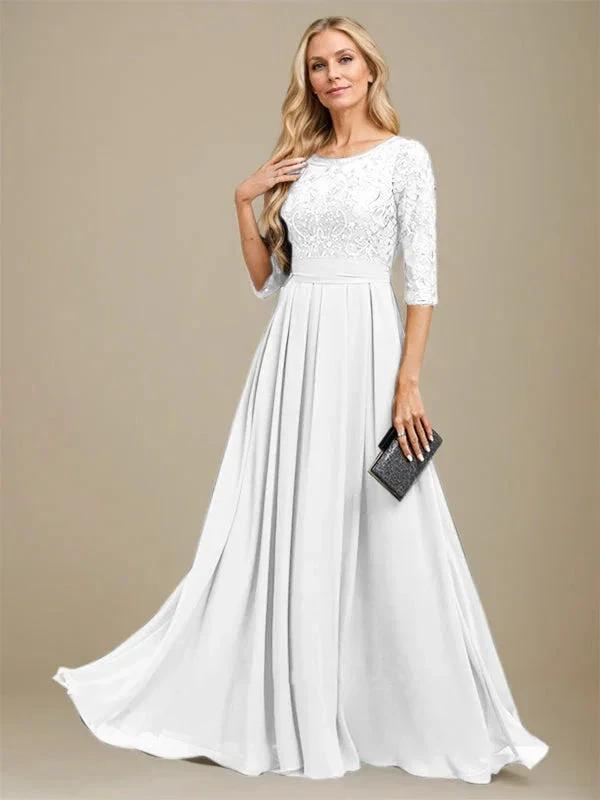 A-Line Scoop Floor-Length Lace Chiffon Mother Of the Bride Dress With Sequins Applique by Dreamylily