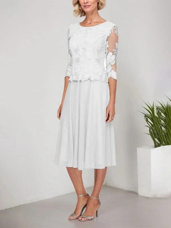 A-line Scoop Tea-Length Lace Chiffon Mother of the Bride Dress With Embroidery by Dreamylily