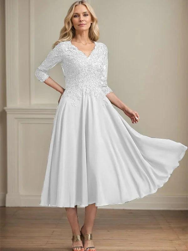 A-line V-Neck Tea-Length Chiffon Lace Mother of the Bride Dress With Beading Sequins by Dreamylily