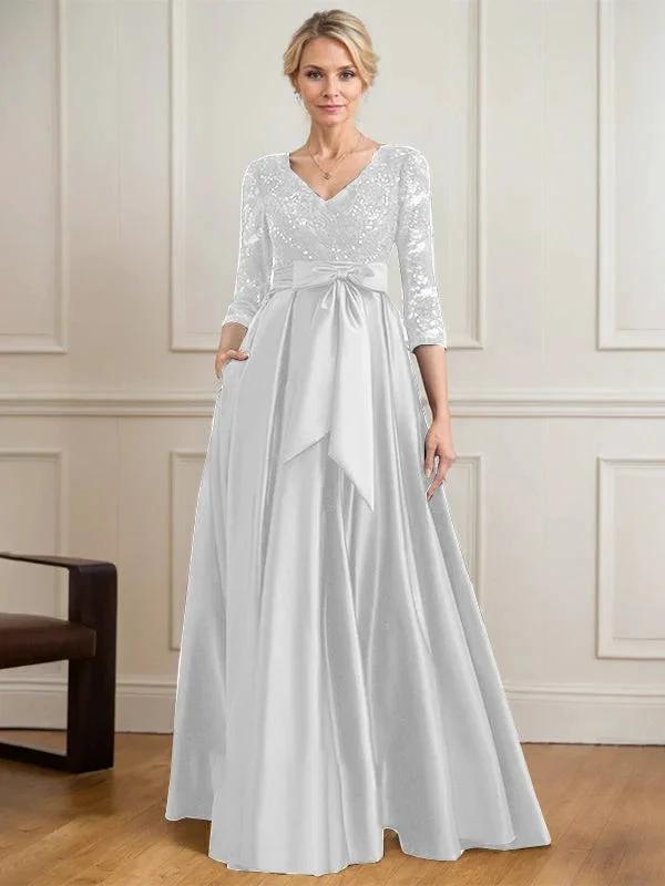 A-line V-Neck Floor-Length Satin Lace Mother of the Bride Dress With Sequins Bow by Dreamylily