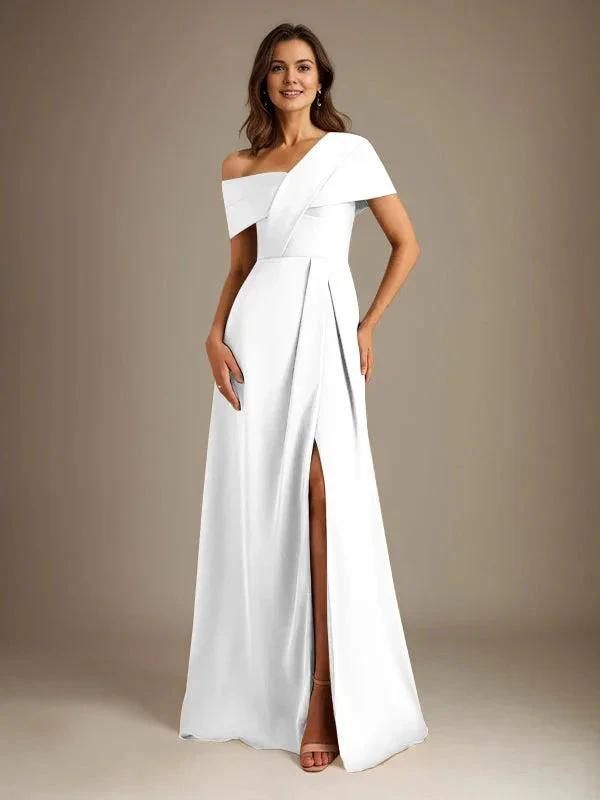 A-Line Asymmetrical Neckline Floor-Length Satin Mother of the Bride Dress With Pleated by Dreamylily