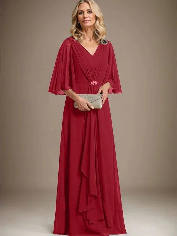 A-line V-Neck Floor-Length Chiffon Mother of the Bride Dress With Cascading Ruffles Crystal Brooch by Dreamylily