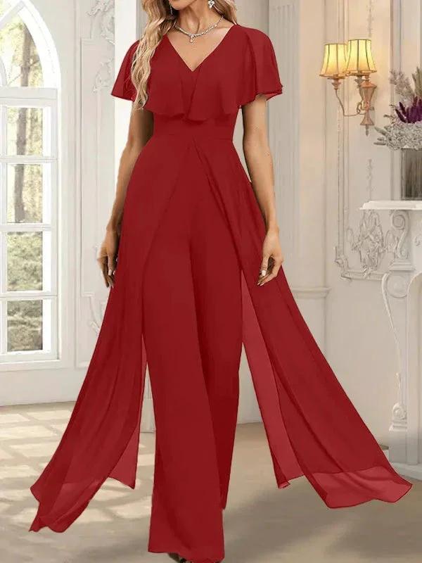 Jumpsuit/Pantsuit V-Neck Floor-Length Chiffon Evening Dress by Dreamylily