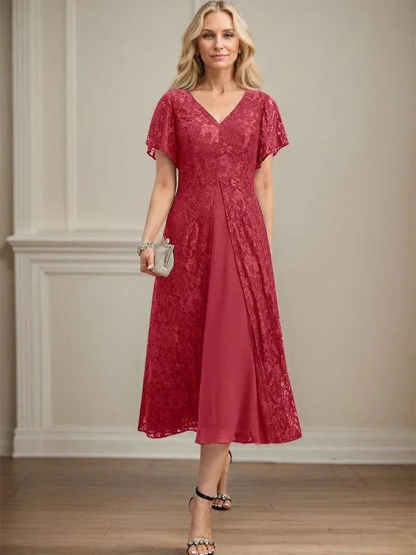 A-line V-Neck Tea-Length Lace Chiffon Mother of the Bride Dress by Dreamylily