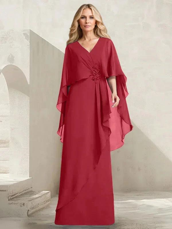 A-line V-Neck Floor-Length Chiffon Mother of the Bride Dress With Cascading Ruffles Beading by Dreamylily