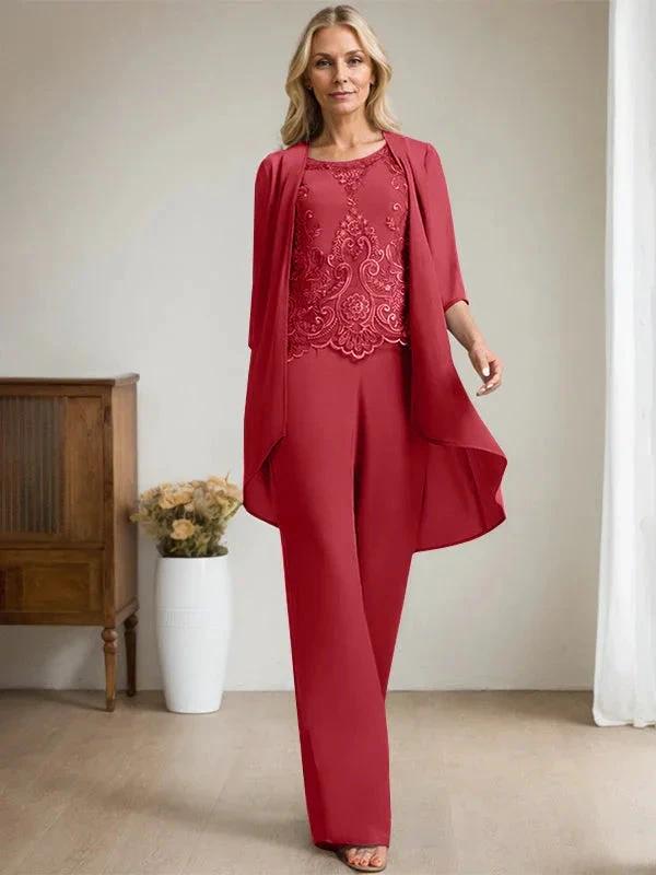 Separates Jumpsuit/Pantsuit Scoop Floor-Length Chiffon Lace Mother of the Bride Dress With Beading Sequins by Dreamylily