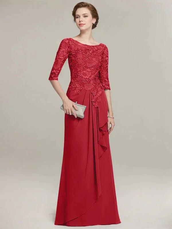 A-line Scoop Illusion Floor-Length Lace Chiffon Mother of the Bride Dress With Cascading Ruffles by Dreamylily