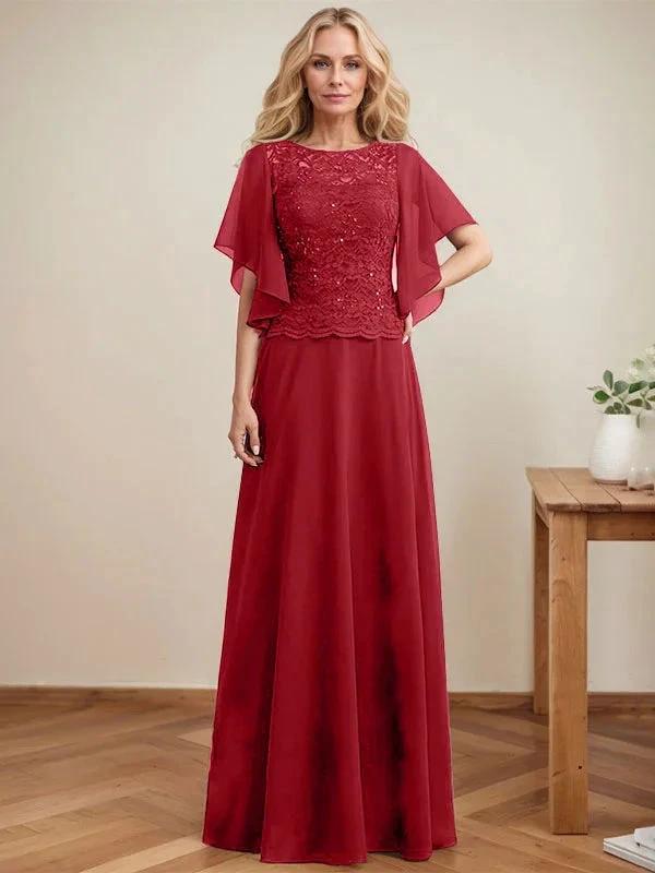 A-line Scoop Illusion Floor-Length Lace Chiffon Mother of the Bride Dress With Sequins by Dreamylily