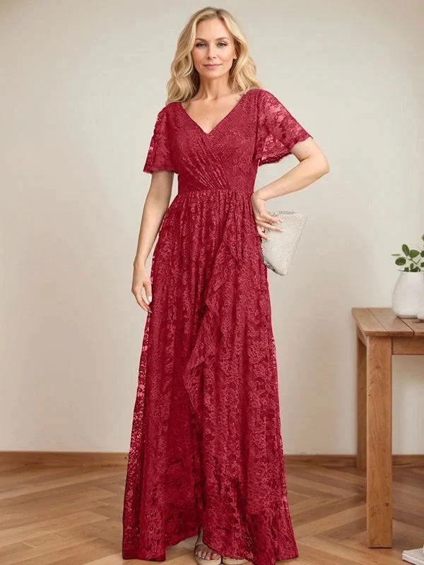 A-Line V-Neck Asymmetrical Lace Mother of the Bride Dress With Cascading Ruffles by Dreamylily