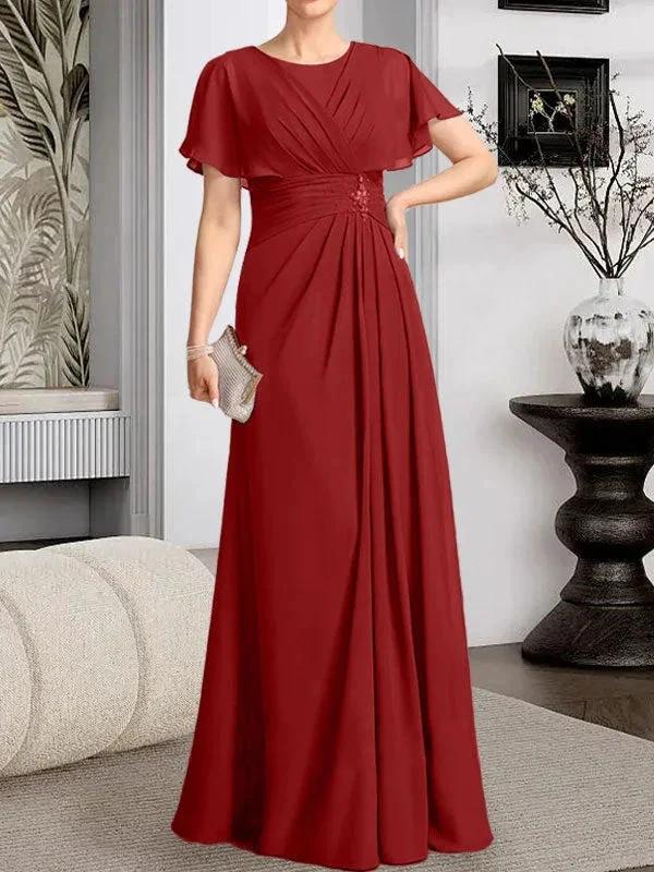 A-line Scoop Floor-Length Chiffon Mother of the Bride Dress With Pleated Beading by Dreamylily