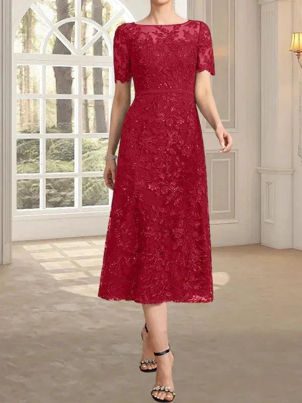 A-line Scoop Illusion Tea-Length Lace Mother of the Bride Dress With Sequins by Dreamylily