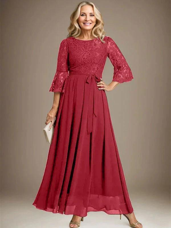 A-Linie U-Ausschnitt Knöchellang Spitzen Chiffon Kleid für die Brautmutter mit Schleife