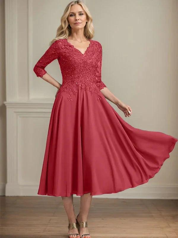 A-line V-Neck Tea-Length Chiffon Lace Mother of the Bride Dress With Beading Sequins by Dreamylily