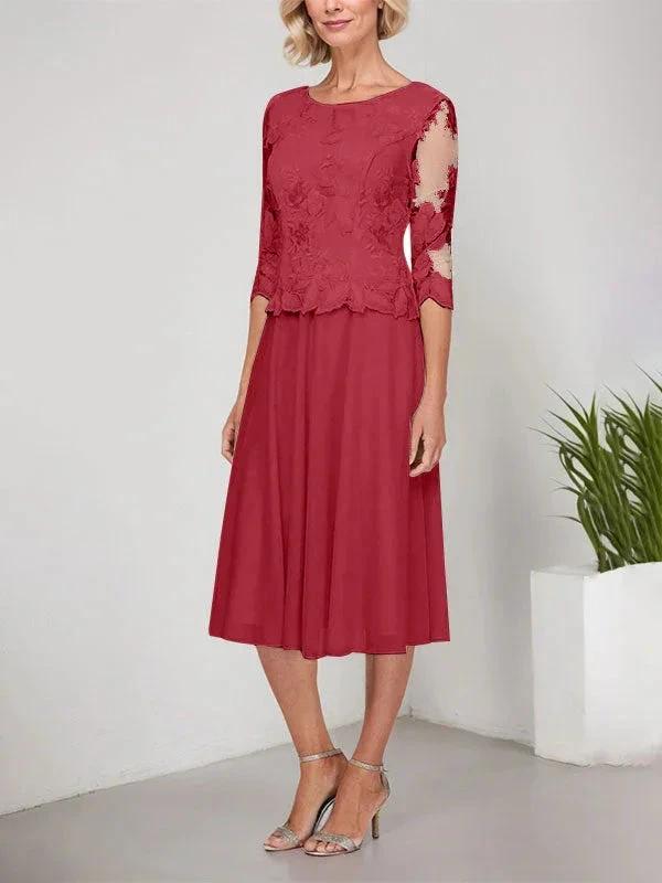 A-line Scoop Tea-Length Lace Chiffon Mother of the Bride Dress With Embroidery by Dreamylily