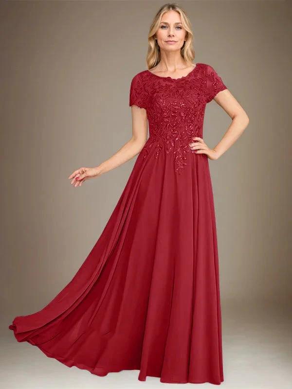 A-Line Scoop Floor-Length Chiffon Mother of the Bride Dress With Applique &amp; Sequins by Dreamylily