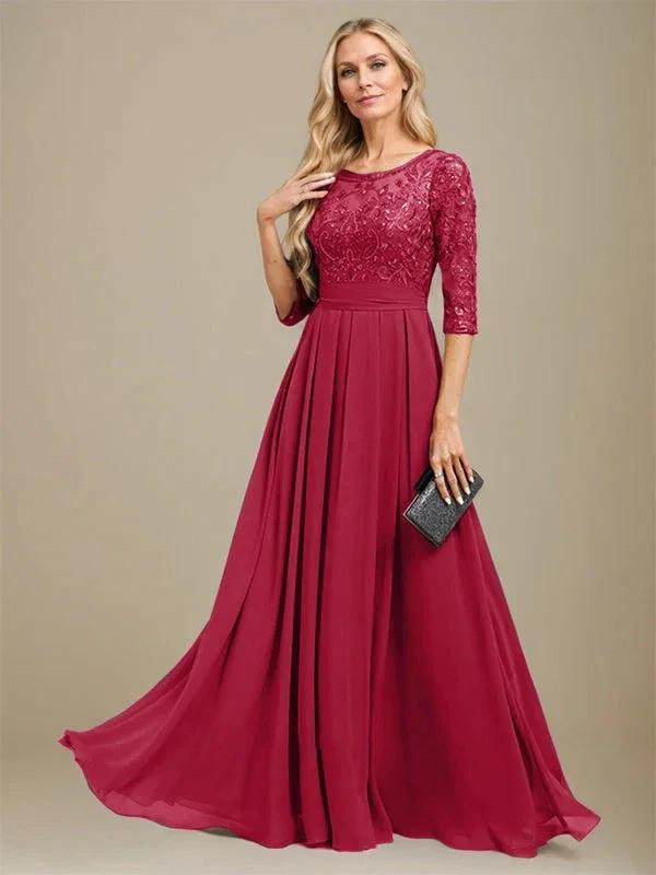 A-Line Scoop Floor-Length Lace Chiffon Mother Of the Bride Dress With Sequins Applique by Dreamylily