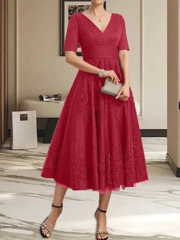 A-line V-Neck Tea-Length Tulle Lace Mother of the Bride Dress With Pleated by Dreamylily