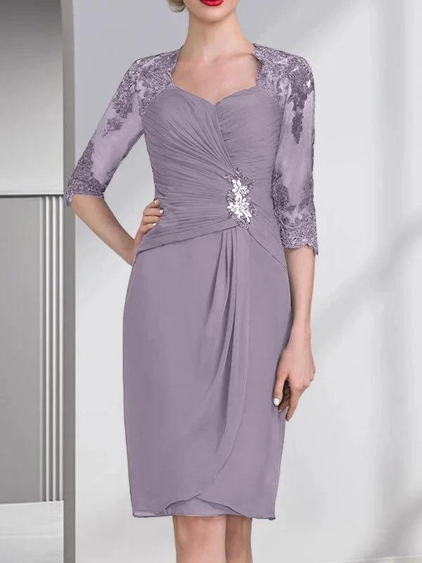 Sheath/Column Sweetheart Knee-Length Chiffon Mother of the Bride Dress With Beading Appliques Lace Sequins Pleated by Dreamylily