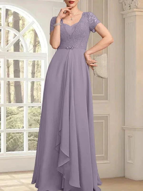 A-line Sweetheart Floor-Length Chiffon Lace Mother of the Bride Dress With Beading Cascading Ruffles by Dreamylily