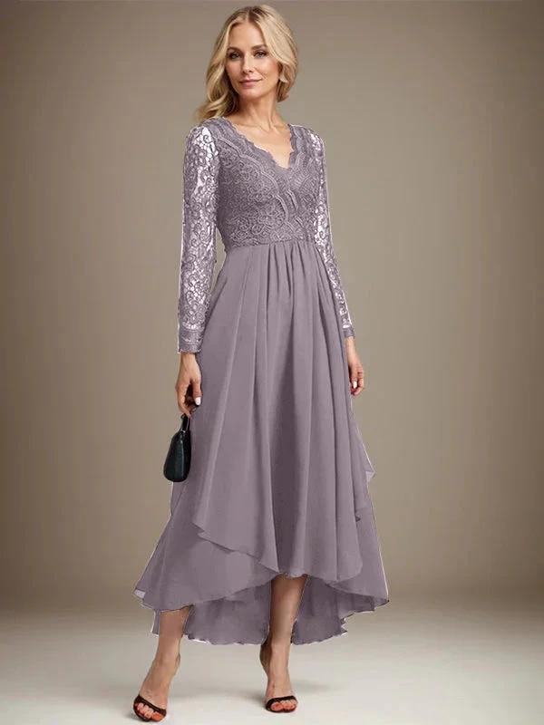 A-line V-Neck Asymmetrical Lace Chiffon Mother of the Bride Dress by Dreamylily