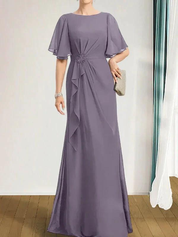 A-line Scoop Floor-Length Chiffon Mother of the Bride Dress With Cascading Ruffles Beading Sequins by Dreamylily
