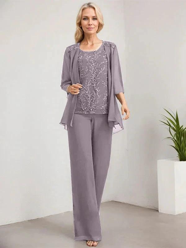 Separates Jumpsuit/Pantsuit Scoop Floor-Length Lace Chiffon Mother of the Bride Dress With Sequins by Dreamylily