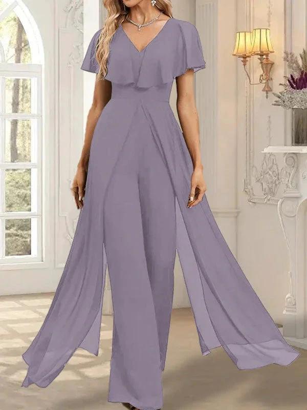 Jumpsuit/Pantsuit V-Neck Floor-Length Chiffon Evening Dress by Dreamylily