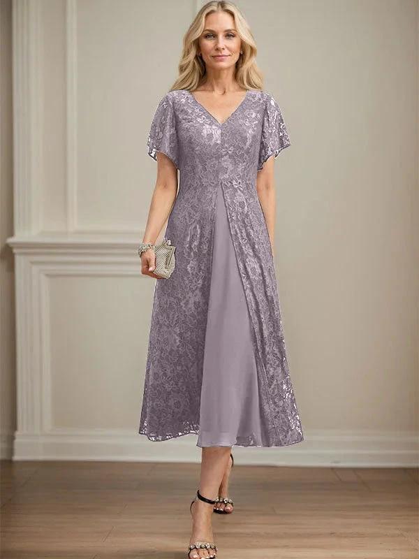 A-line V-Neck Tea-Length Lace Chiffon Mother of the Bride Dress by Dreamylily
