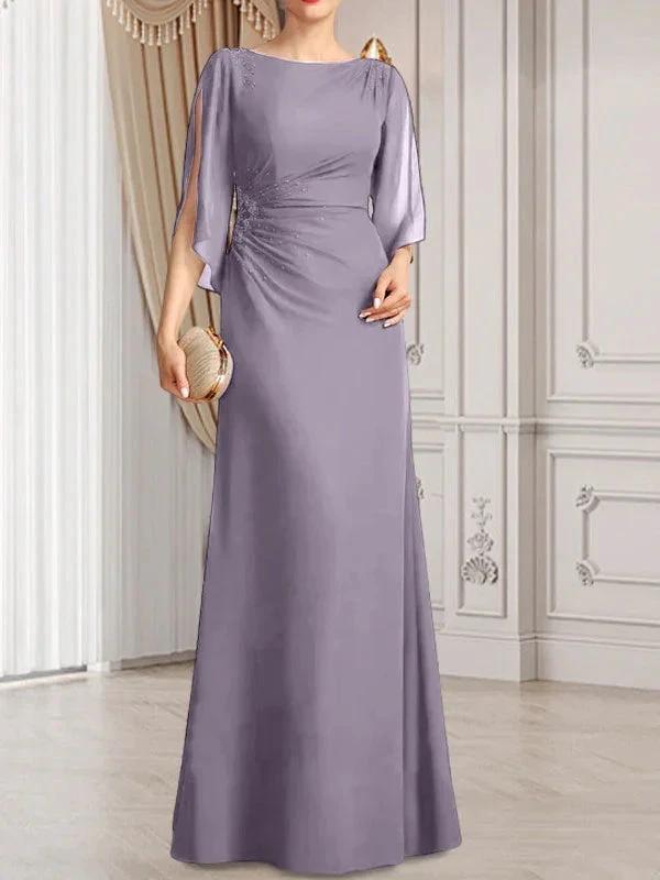 Sheath/Column Scoop Floor-Length Chiffon Mother of the Bride Dress With Pleated Beading by Dreamylily