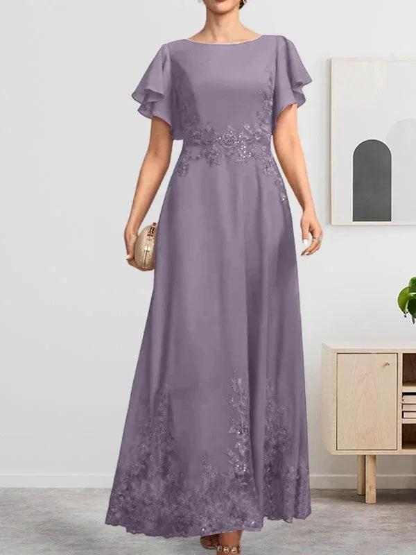 A-line Scoop Ankle-Length Lace Chiffon Mother of the Bride Dress With Sequins by Dreamylily