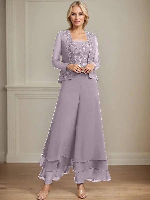 Separates Jumpsuit/Pantsuit Square Ankle-Length Lace Chiffon Mother of the Bride Dress With Sequins by Dreamylily