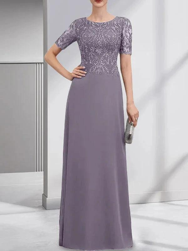 A-line Scoop Floor-Length Lace Chiffon Mother of the Bride Dress With Sequins by Dreamylily