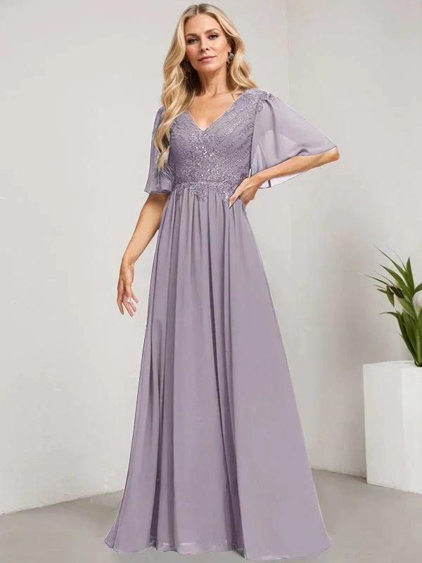 A-line V-Neck Floor-Length Lace Chiffon Mother of the Bride Dress With Sequins by Dreamylily