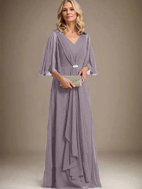 A-line V-Neck Floor-Length Chiffon Mother of the Bride Dress With Cascading Ruffles Crystal Brooch by Dreamylily