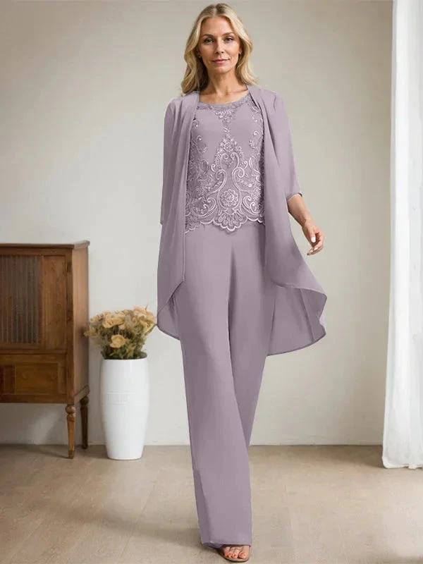 Separates Jumpsuit/Pantsuit Scoop Floor-Length Chiffon Lace Mother of the Bride Dress With Beading Sequins by Dreamylily