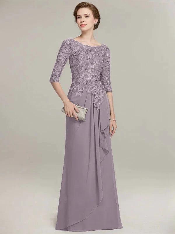 A-line Scoop Illusion Floor-Length Lace Chiffon Mother of the Bride Dress With Cascading Ruffles by Dreamylily