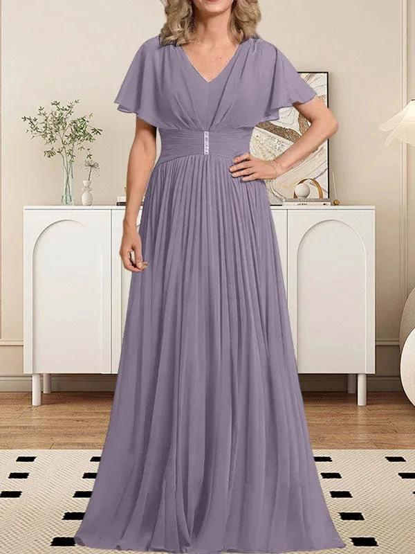 A-line V-Neck Floor-Length Chiffon Mother of the Bride Dress With Crystal Brooch Pleated by Dreamylily