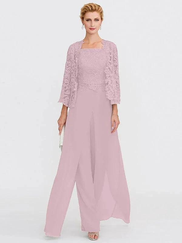 3 Piece Chiffon Square Neck Mother of the Bride Pantsuits with Jacket by Dreamylily