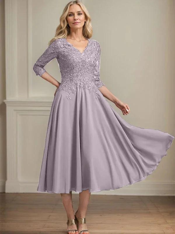 A-line V-Neck Tea-Length Chiffon Lace Mother of the Bride Dress With Beading Sequins by Dreamylily