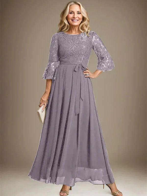 A-Linie U-Ausschnitt Knöchellang Spitzen Chiffon Kleid für die Brautmutter mit Schleife