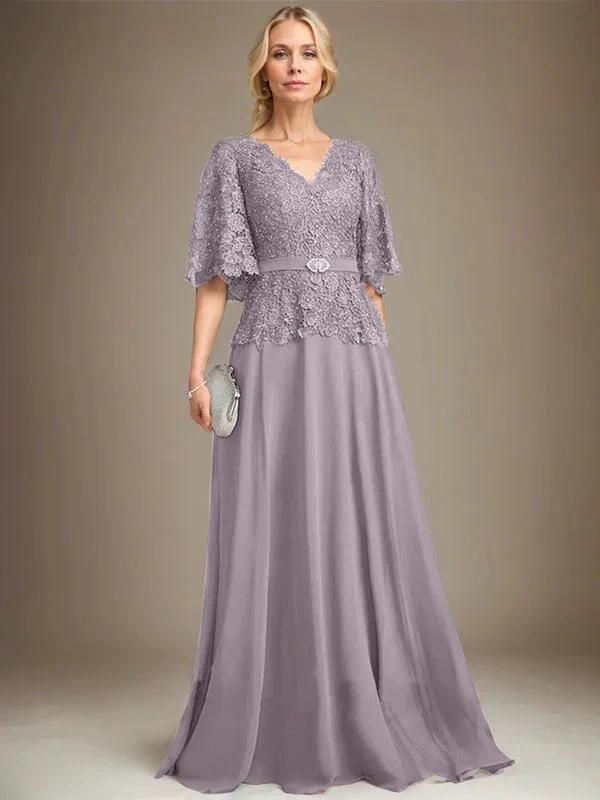 A-line V-Neck Floor-Length Chiffon Lace Mother of the Bride Dress With Crystal Brooch Rhinestone by Dreamylily